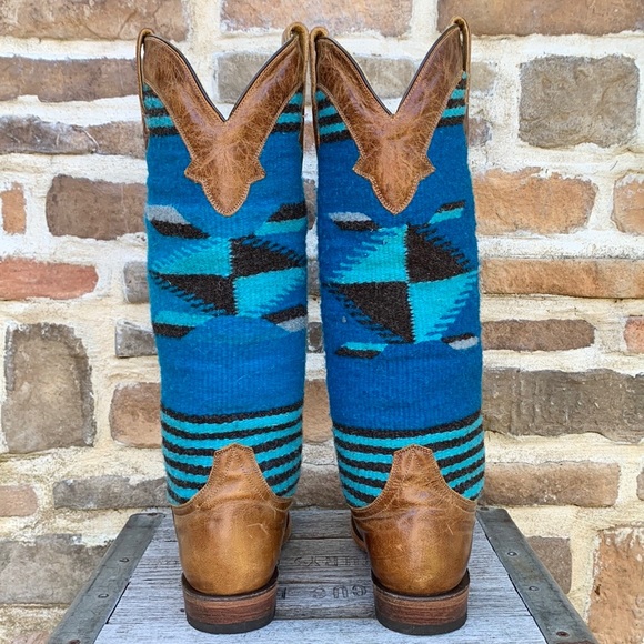 Sold STETSON Serape Blanket Aztec Blue Brown Knee High Western Cowgirl Boots - Picture 4 of 11